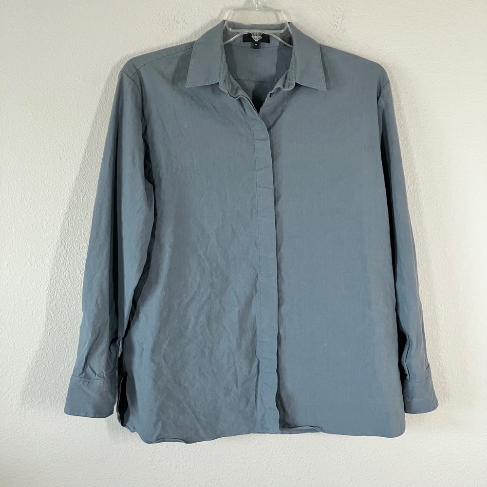 THEORY Women Classic Menswear Shirt M Soft Crunch Linen Blend Button Down Gray